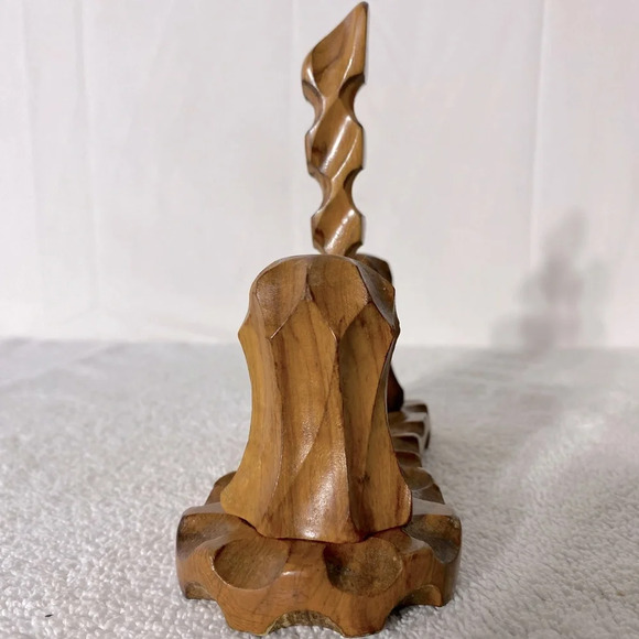 Vintage Hand Carved Wood Salt & Pepper Shakers With Carrier Stand - Picture 8 of 15